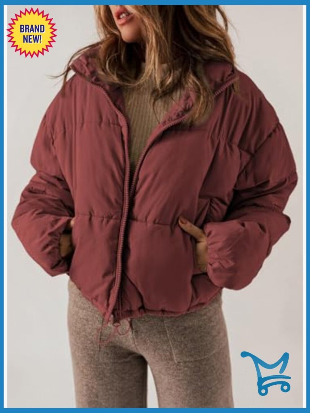 Quilted Puffer Jacket Long Sleeve Full Zip Coat with Pockets - Picture 2 of 7